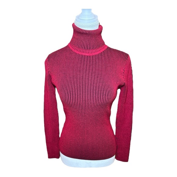 Sandro Red Black Ribbed Knit Turtleneck Sweater Medium | Luxury Fall Winter - Picture 2 of 10